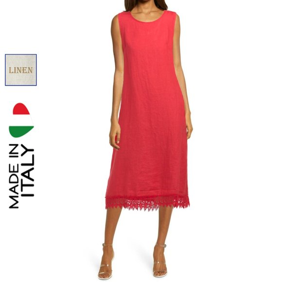 Rosemarine Dresses & Skirts - NWT Rosemarine Made In Italy Linen Crochet Hem Bow Tie Back Midi Dress
